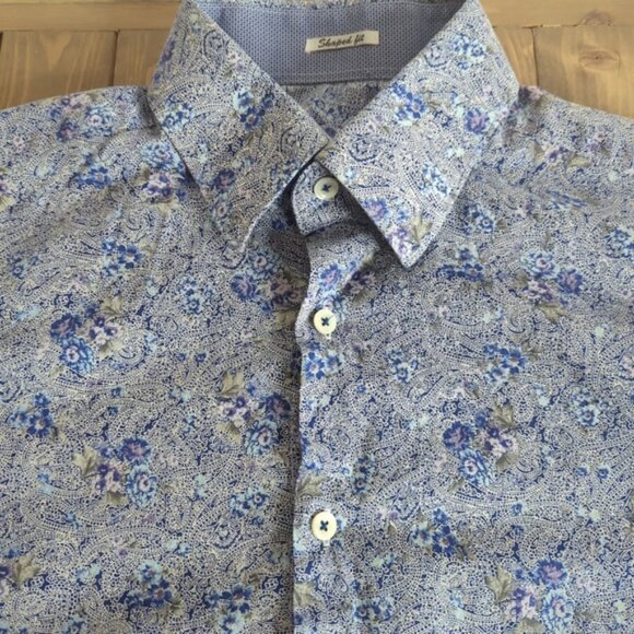 Bugatchi Men’s Blue Paisley Floral Long Sleeve Button up Shirt - Picture 11 of 14